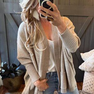 Grey Pocketed Cotton Cardigan Sweater, Dolman Sleeve Oversized Knit Jacket Top